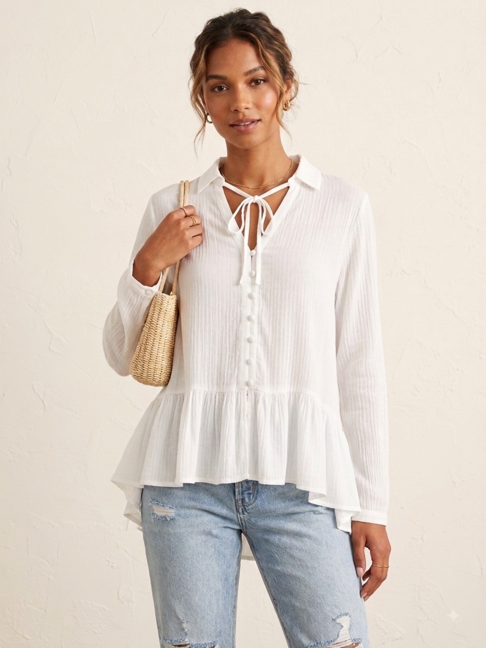 Women's White Peplum Tie-Neck Blouse